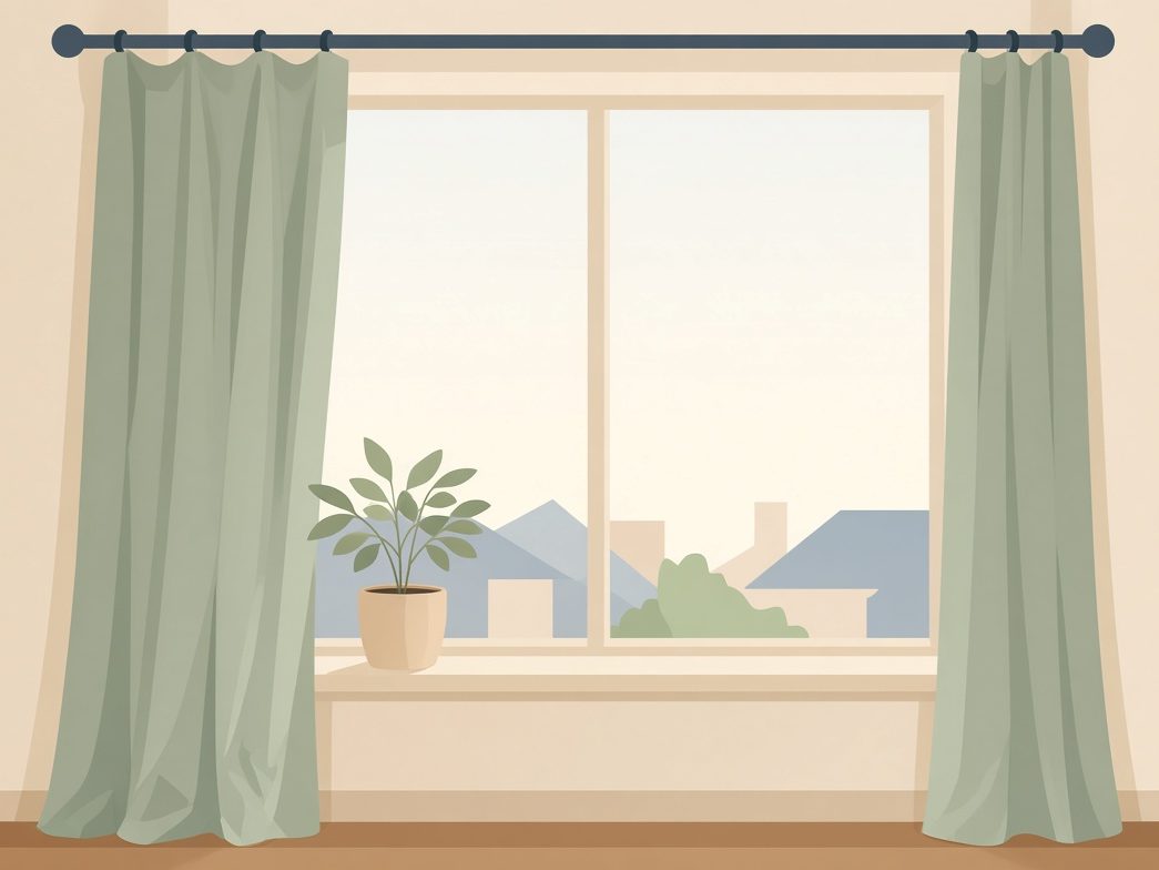 Illustration d'une fenêtre aux rideaux verts, avec une plante sur le rebord