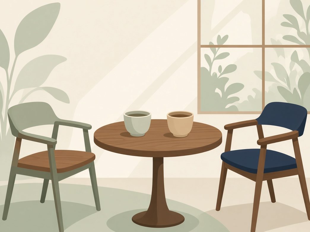Illustration de deux fauteuils face à face autour d'une table avec deux tasses