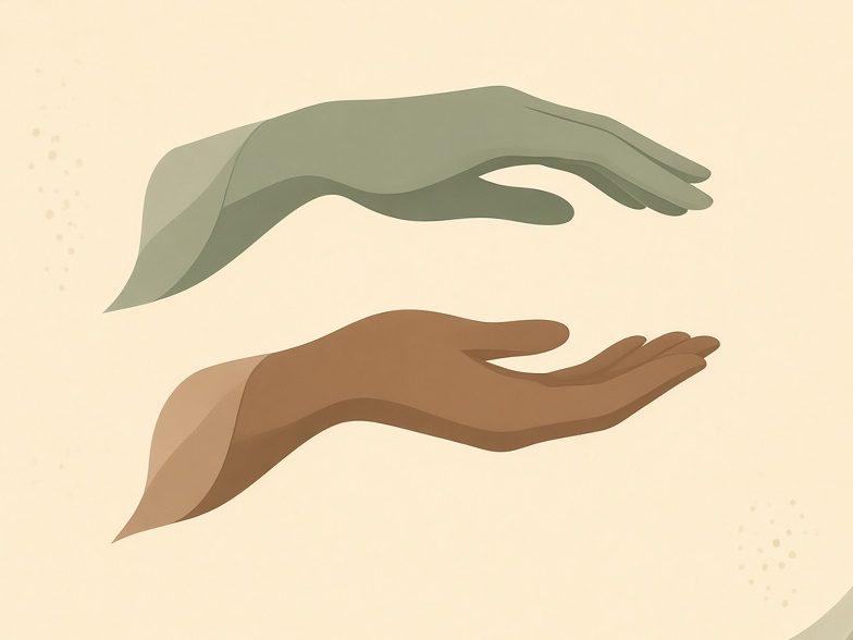 Illustration de deux mains ouvertes, l'une au-dessus de l'autre, dans un geste calme