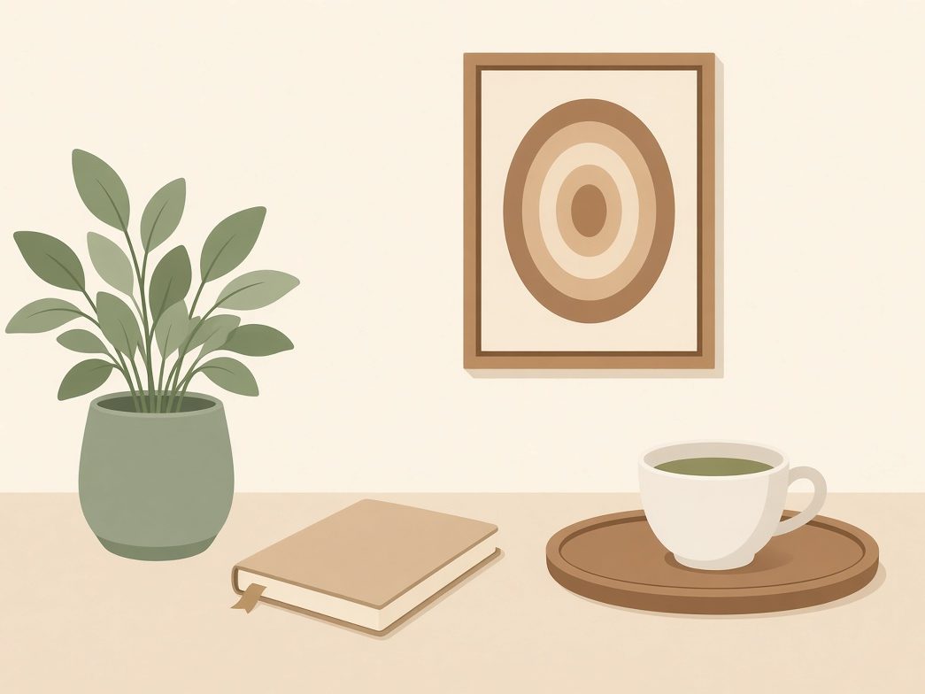 Illustration d'une plante, d'un carnet et d'une tasse de thé sur une table