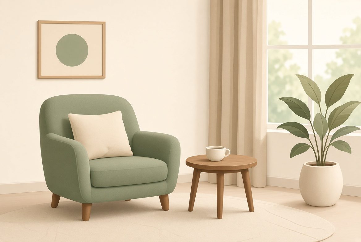 Illustration d'un salon calme avec un fauteuil, une table basse et une plante près d'une fenêtre