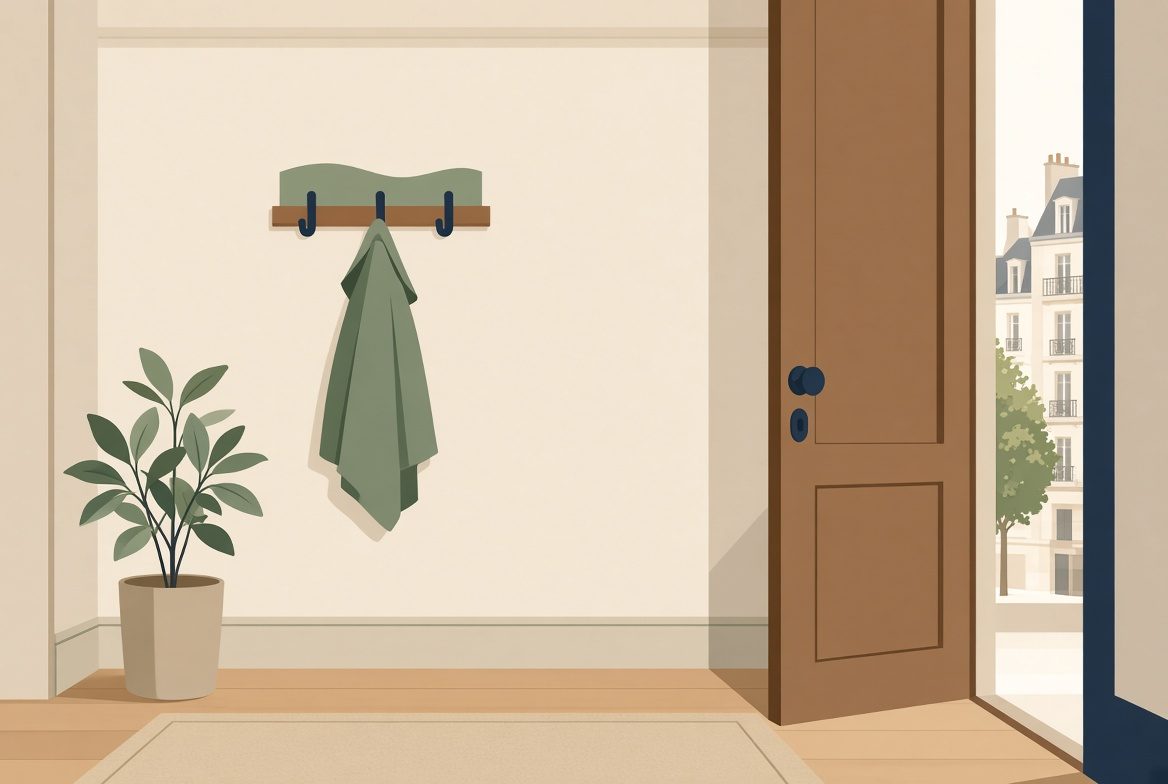 Illustration d'une entrée d'appartement avec une porte ouverte sur des immeubles parisiens