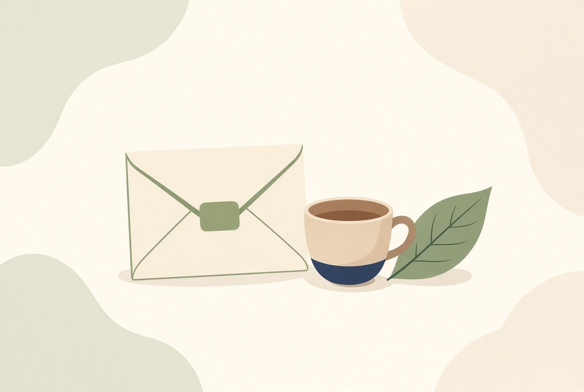 Illustration d'une enveloppe posée près d'une tasse et d'une feuille