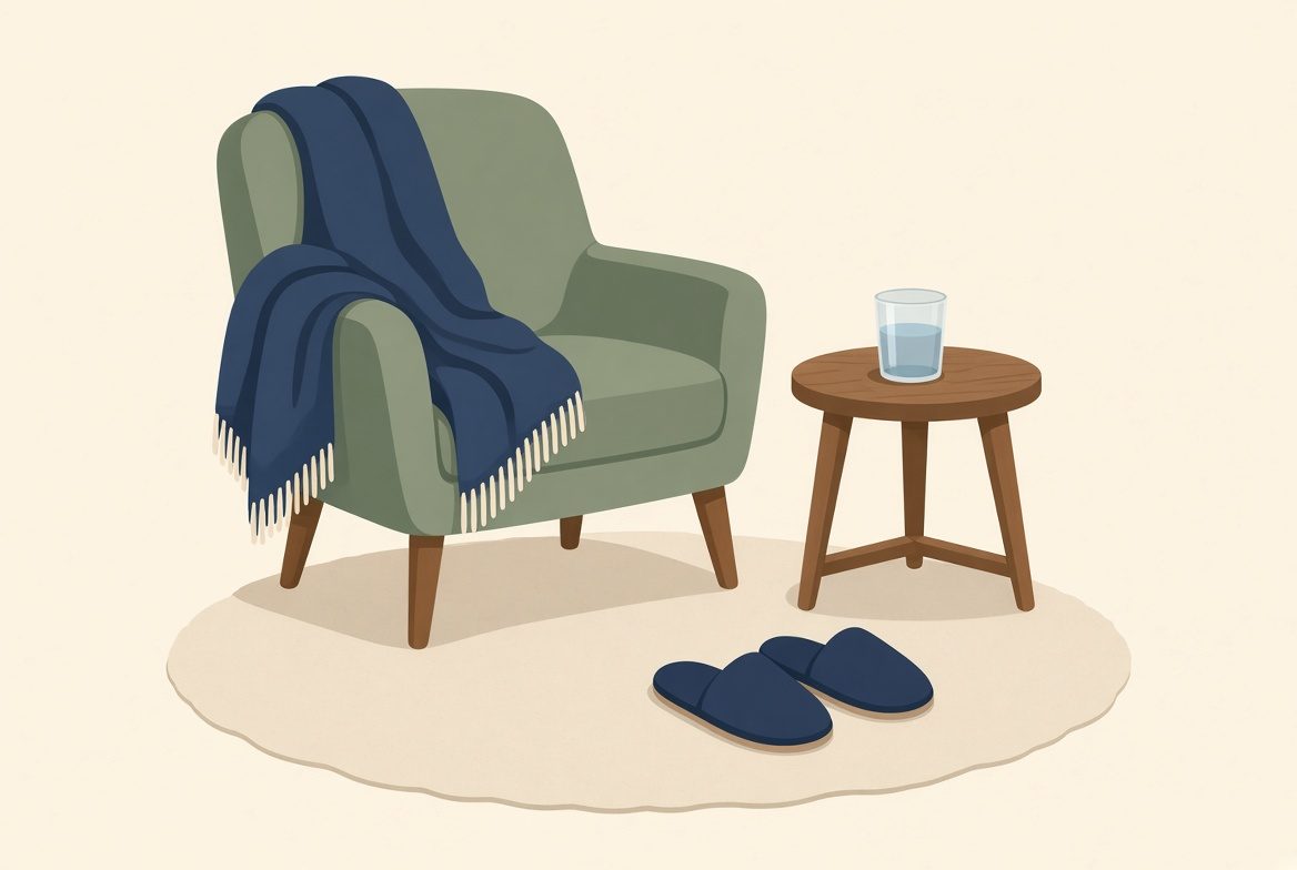Illustration d'un fauteuil confortable avec un plaid, des chaussons et un verre d'eau
