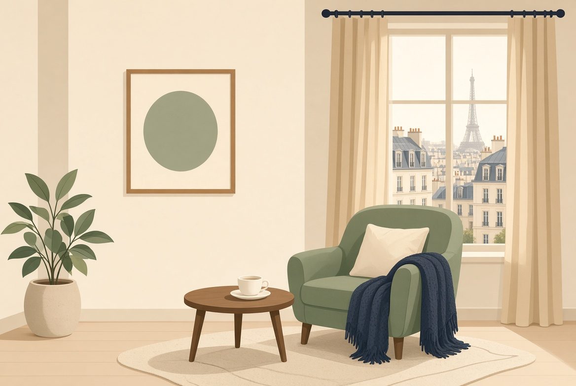 Illustration d'un salon calme baigné de lumière, avec un fauteuil vert sauge, une plante et une fenêtre ouverte sur les toits de Paris