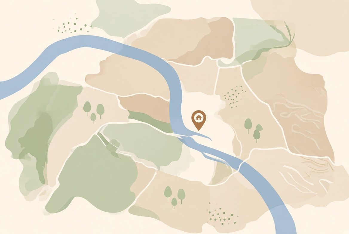 Illustration stylisée d'une carte avec un fleuve et un repère marquant la zone d'intervention